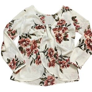 DYNAMITE Twist Front Floral Blouse With Long Sleeves Ivory Size Medium